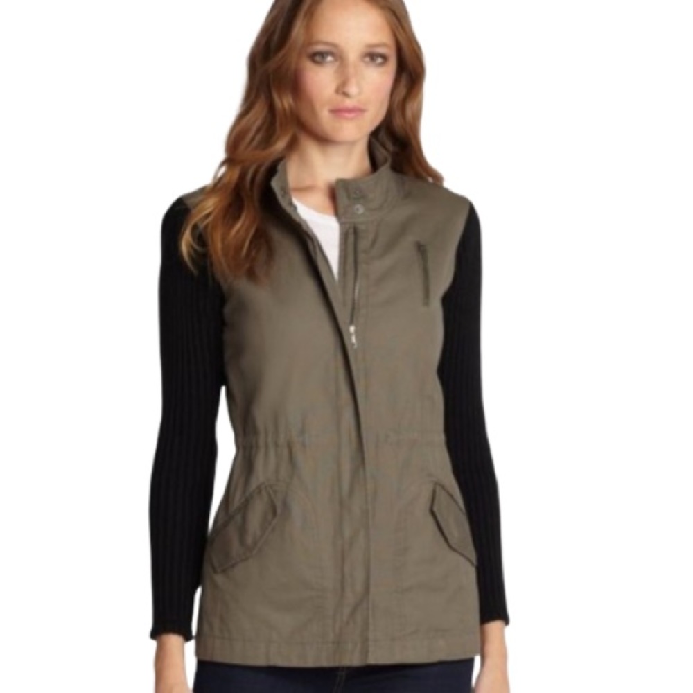 Splendid cotton twill knit military style anorak jacket with ribbed knit sleeves